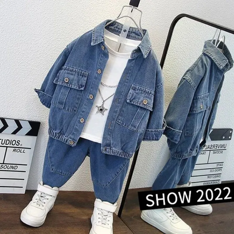 Meninos primavera denim conjunto nova versão coreana meninos roupas bonitas primavera e outono crianças moda jaqueta calça conjunto de duas peças