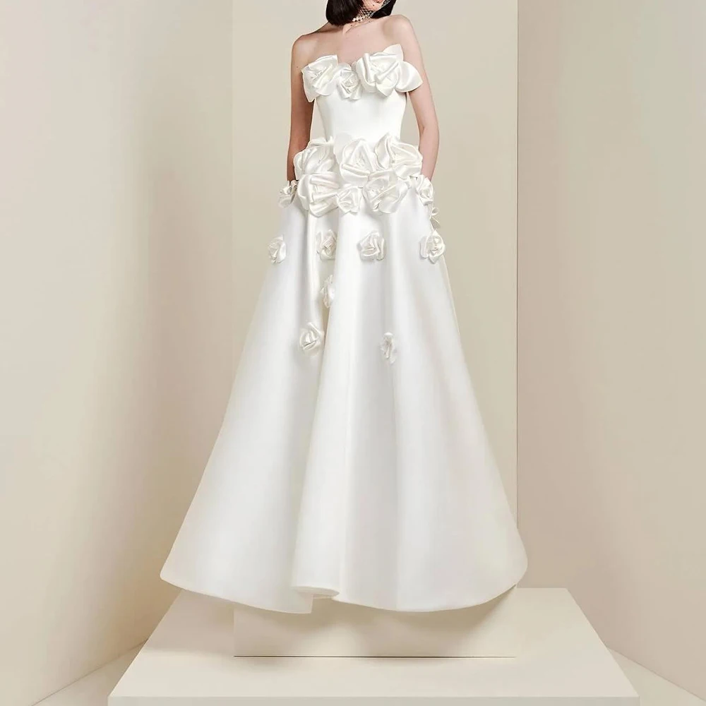 

Customized Satin A-Line Flowers Evening Dress Strapless Sleeveless Floor Length White Panel Train Bespoke Occasion Gowns