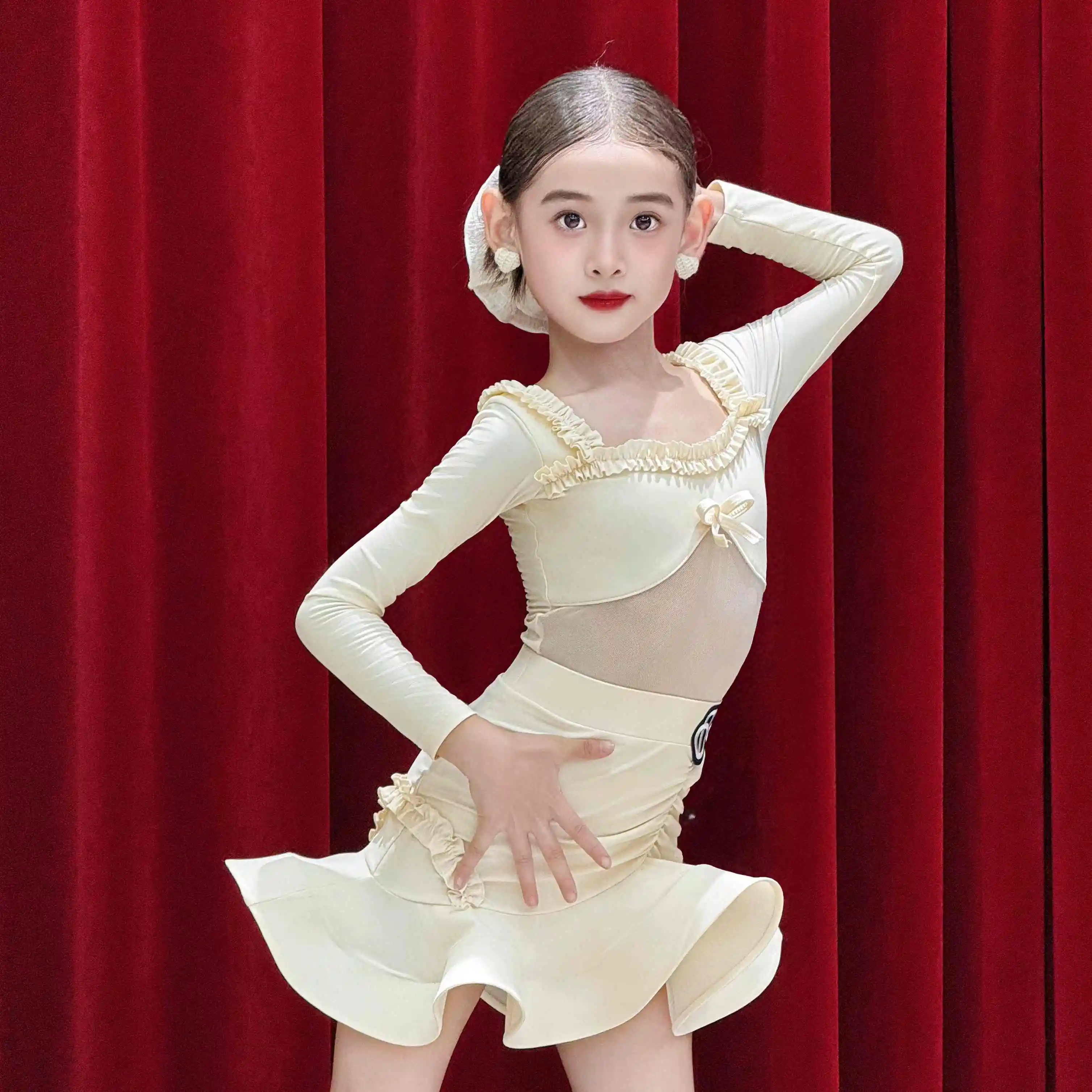 Strój do tańca latynoamerykańskiego dla dzieci, długi rękaw, wiosna i jesień, sukienka do tańca dla dziewczynki, chacha, lumba, samba, kostium na występy.