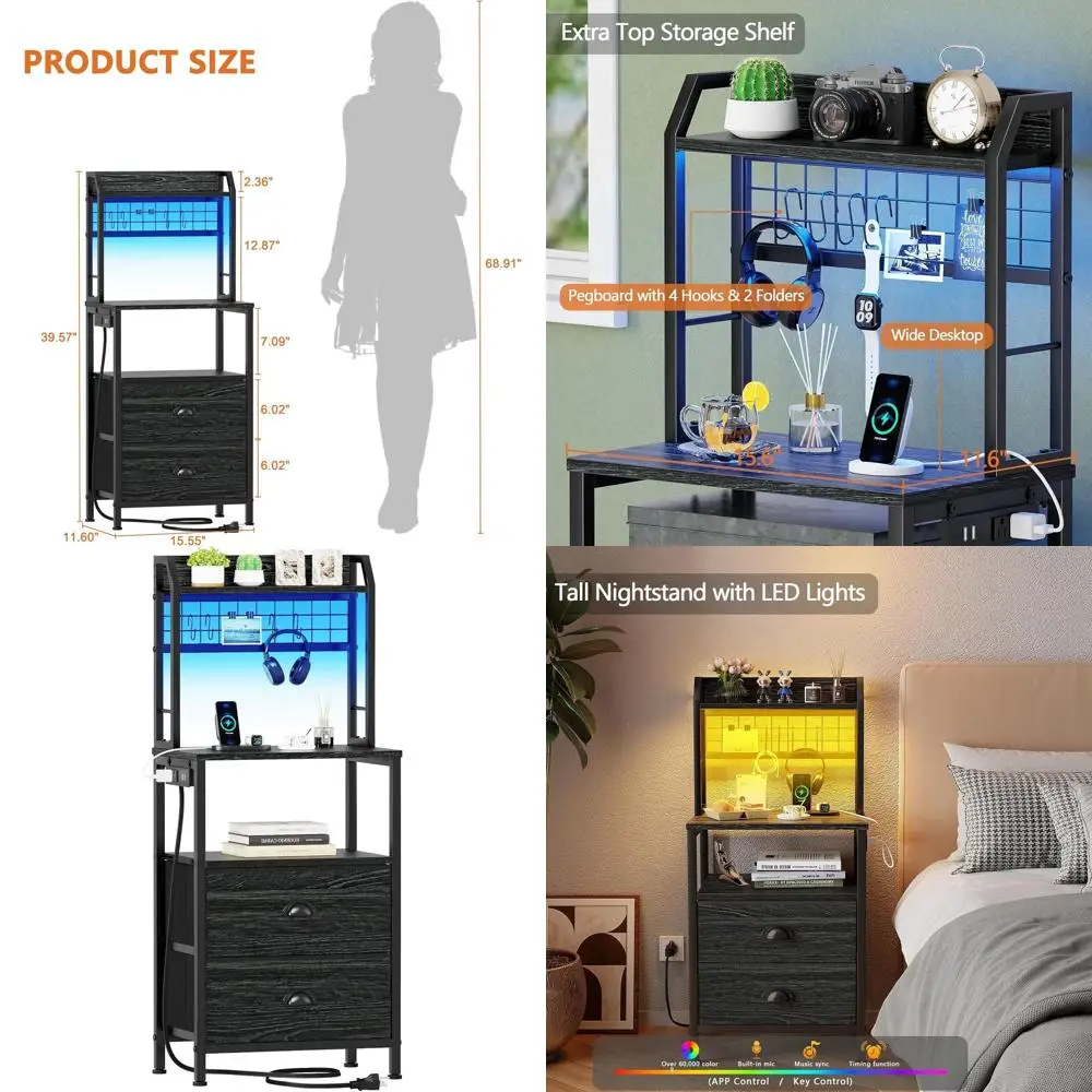 

Высокая прикроватная тумбочка 40 дюймов с зарядной станцией, боковым столиком с LED-подсветкой, 2 ящиками для хранения и полками, прикроватная тумбочка для спальни с перфорированной панелью, черная