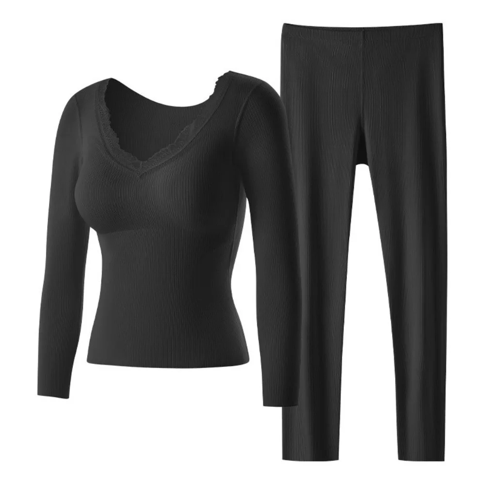 

with Chest Pad Women Thermal Underwear Lace Solid Color Warm Long Tops Pants Set Soft Body-Shaping Slimming Underwear Underwear
