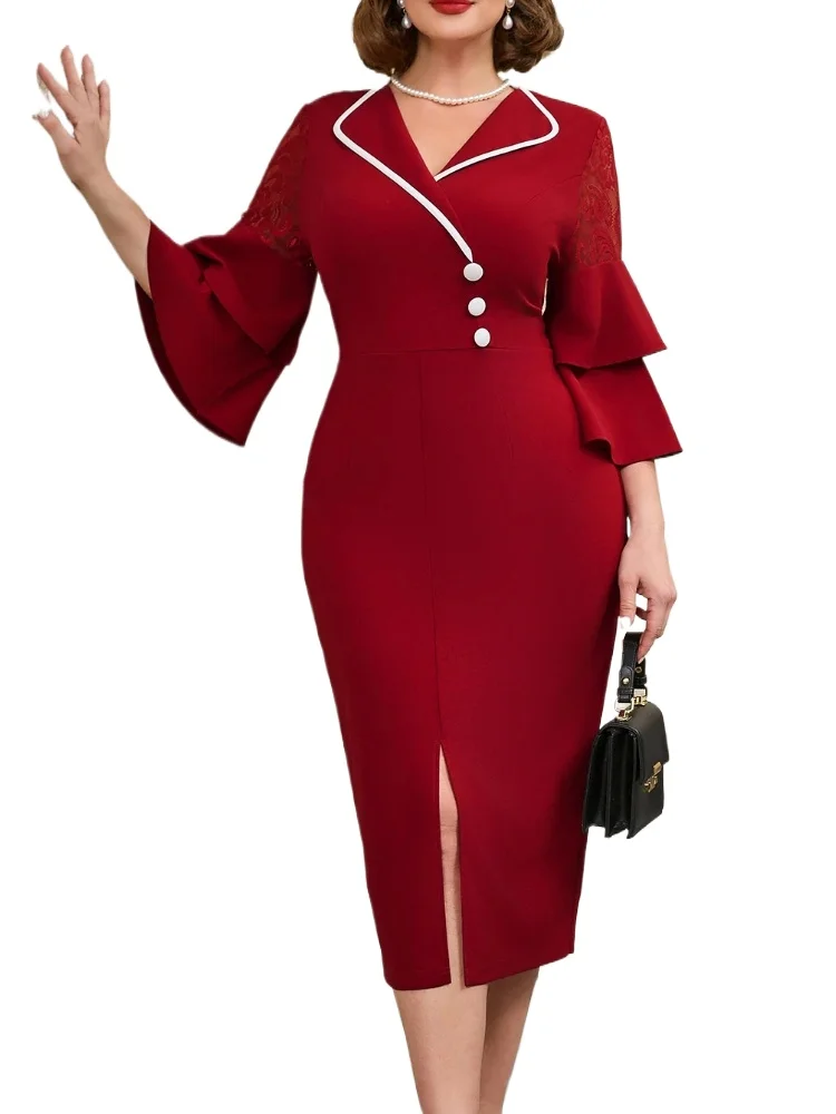 Plus Size Contrast Collar Bell Sleeve Bodycon Dress Wine Red Business Casual Women Spring Dresses for Women Office Wear 2025