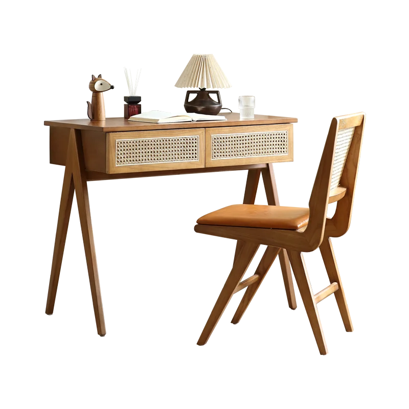 Vine woven solid wood desk chair, white wax wood student desk chair, office worker desk