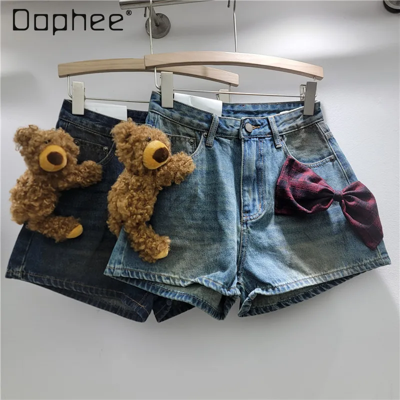 

Denim Shorts for Women Spring Summer High-Waisted Slimming Hot Pants with Cartoon Decoration Blue Retro A-Line Jean Shorts