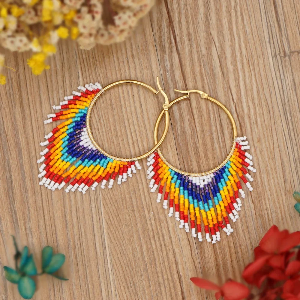 Rice Bead Earrings  Hand knitting  fashion  circle  Beading  Simple  Bohemia  geometry  alloy  ma'am  Fringe Earrings