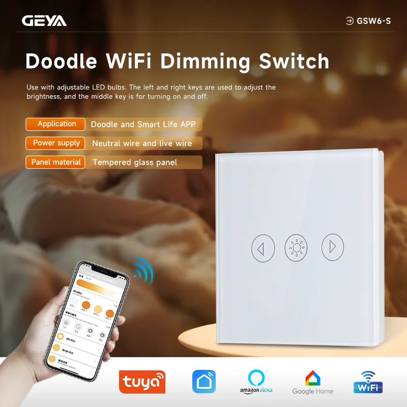 

GEYA Tuya WiFi Smart Dimmer Switch (EU Standard) – AC110V/220V, 500W, Works with Alexa/Google Home, Tempered Glass Panel