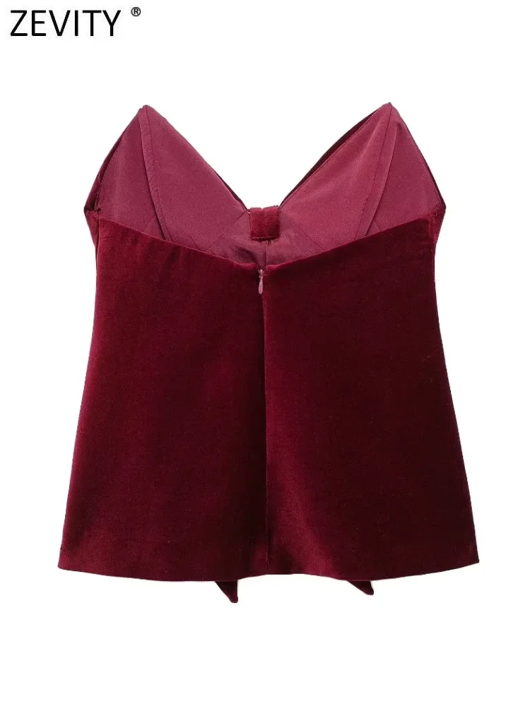 Zevity 2024 Women Sexy Strapless Big Bowknot Design Red Velvet Blouse Female Backless Zipper Shirts Blusas Chic Crop Tops LS7229