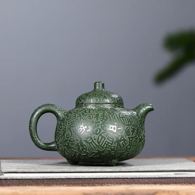 Authentic Yixing Purple Hand-Carved Three-Legged Teapot Made From Raw Huanglong Mountain Green Clay By A Famous Artisan