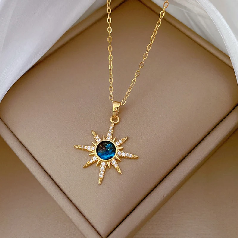 Stainless Steel Planet Sun Zircon Pendant Star Necklace For Women Gold Color Clavicle Chain Necklace Jewelry Mother\'s Day Gift