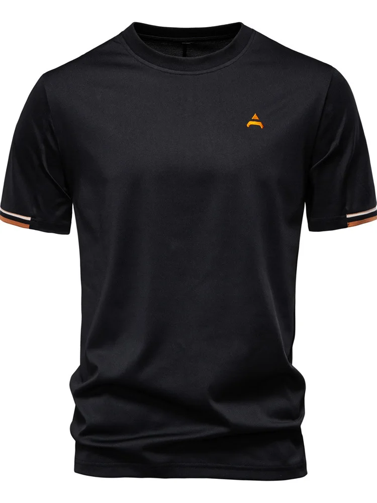 Embroidered Casual Short Sleeve T-Shirt Pure Color Stitching Versatile Loose Fit round Neck Cotton 100% Youth Fashion