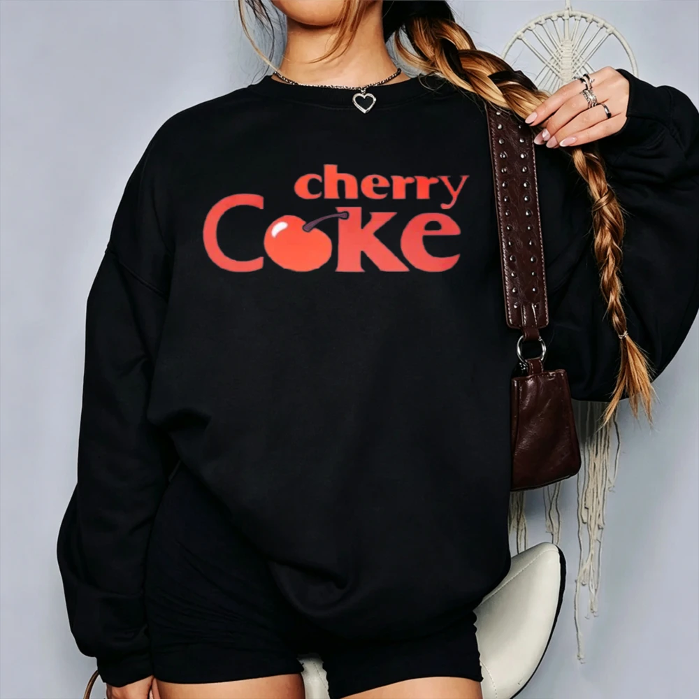Cherry Coke Graphic Crewneck Sweatshirt Retro Red Letter Cherry Pattern Print Pullover Vintage Drink Theme Casual Loose Cute Top