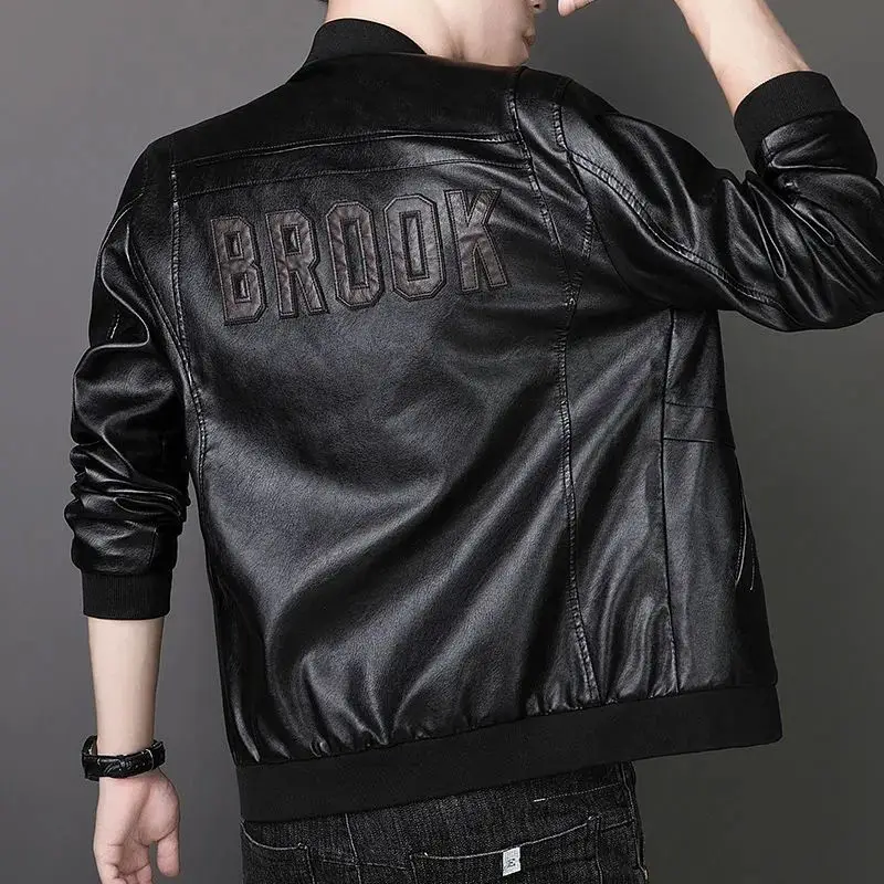 

Leather Jacket Men Bomber Motorcycle Jacket Zipper Long Sleeve Windbreaker Windproof Streetwear Leather Coats Loose Outerwear