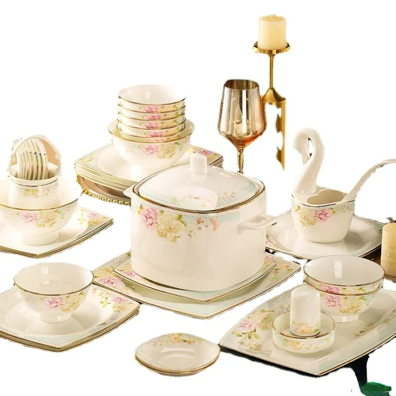 Bowl and Dish Set Light Luxury High-End Housewarming Wedding Bowl and Chopsticks Jingdezhen Dishes and Bowls of Bone China