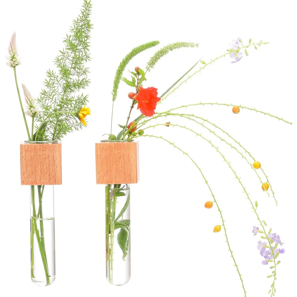 

Wooden Wall Planter Glass Plant Propagation Stations Fridge Glass Tube Single Stem Bud Vase 2Pcs/Set Modern Decorative Cube Wood