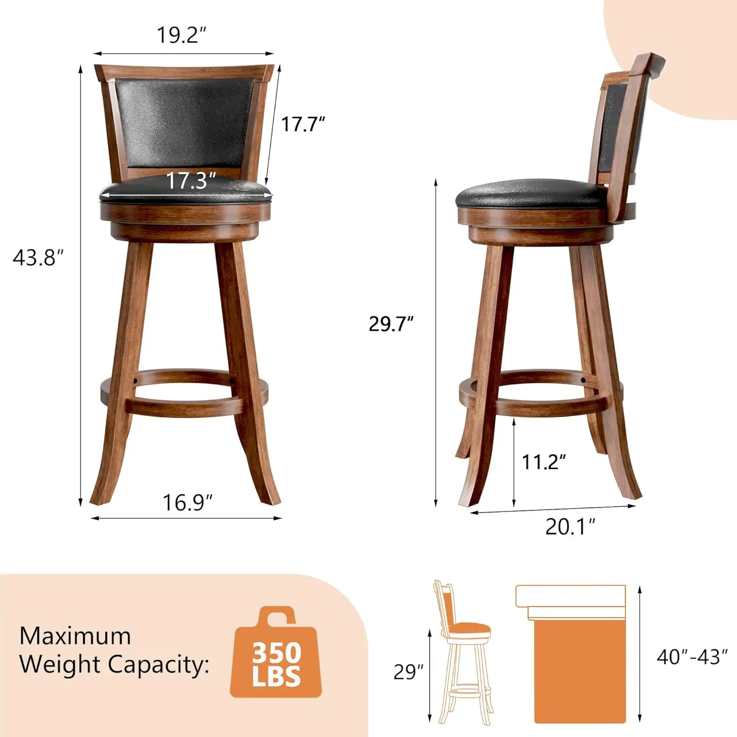 회전식 바 스툴 2개 세트, 갈색 인조 가죽, 등받이 및 발판 포함, 견고한 나무 다리