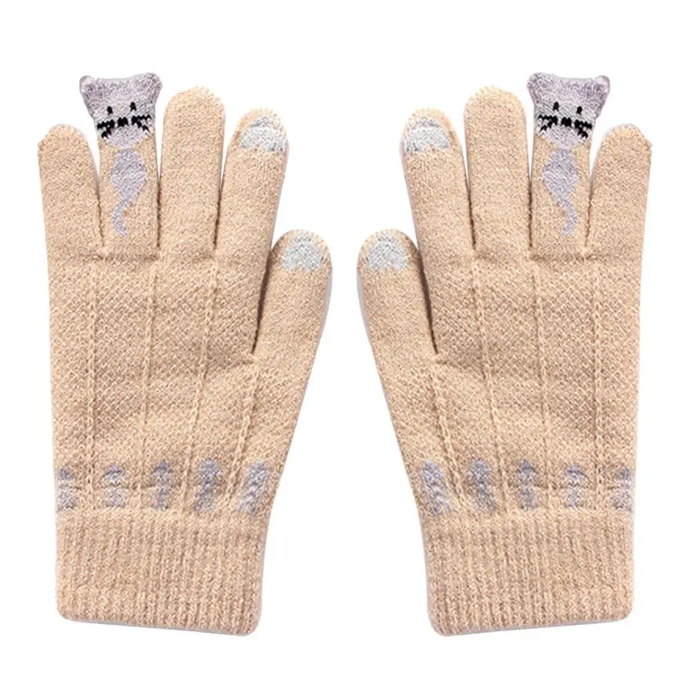 Guantes de invierno para mujeres y hombres, mitones de punto de dedo completo, lindos gatos de dibujos animados, pantalla táctil