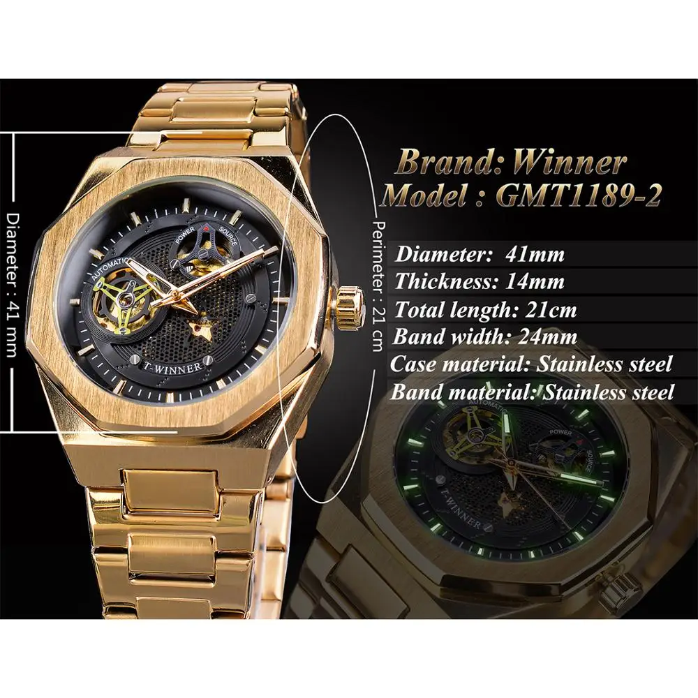 Winner Top Brand Irregular Dial Sport Metal Steampunk Men Automatic Mechanical Black Golden Stainless Steel Waterproof Watches