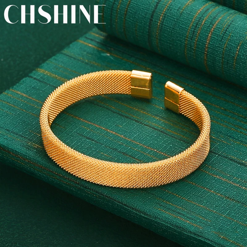 925 Sterling Silver 18K Gold Mesh Texture Open Bangle for Women Fashion Wedding Party Jewelry