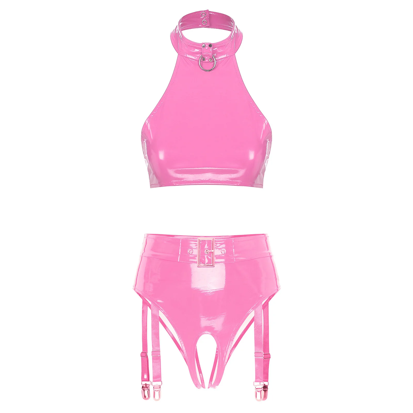 

Wet Look PU Leather O Ring Halter Backless Crop Top And High Waist Open Crotch Underwear Set for Women Garter Clips Nightwear