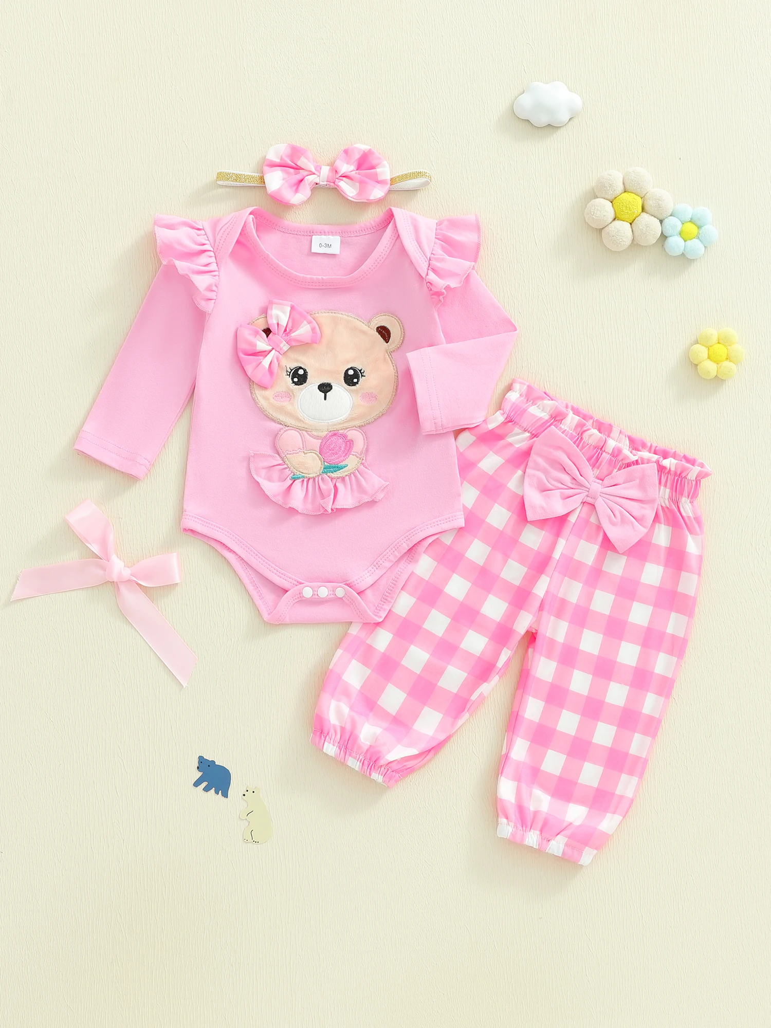 Infant Girls 3-Piece Outfit with Long Sleeve O Neck Romper Pants and Headband Featuring Letter Embroidery