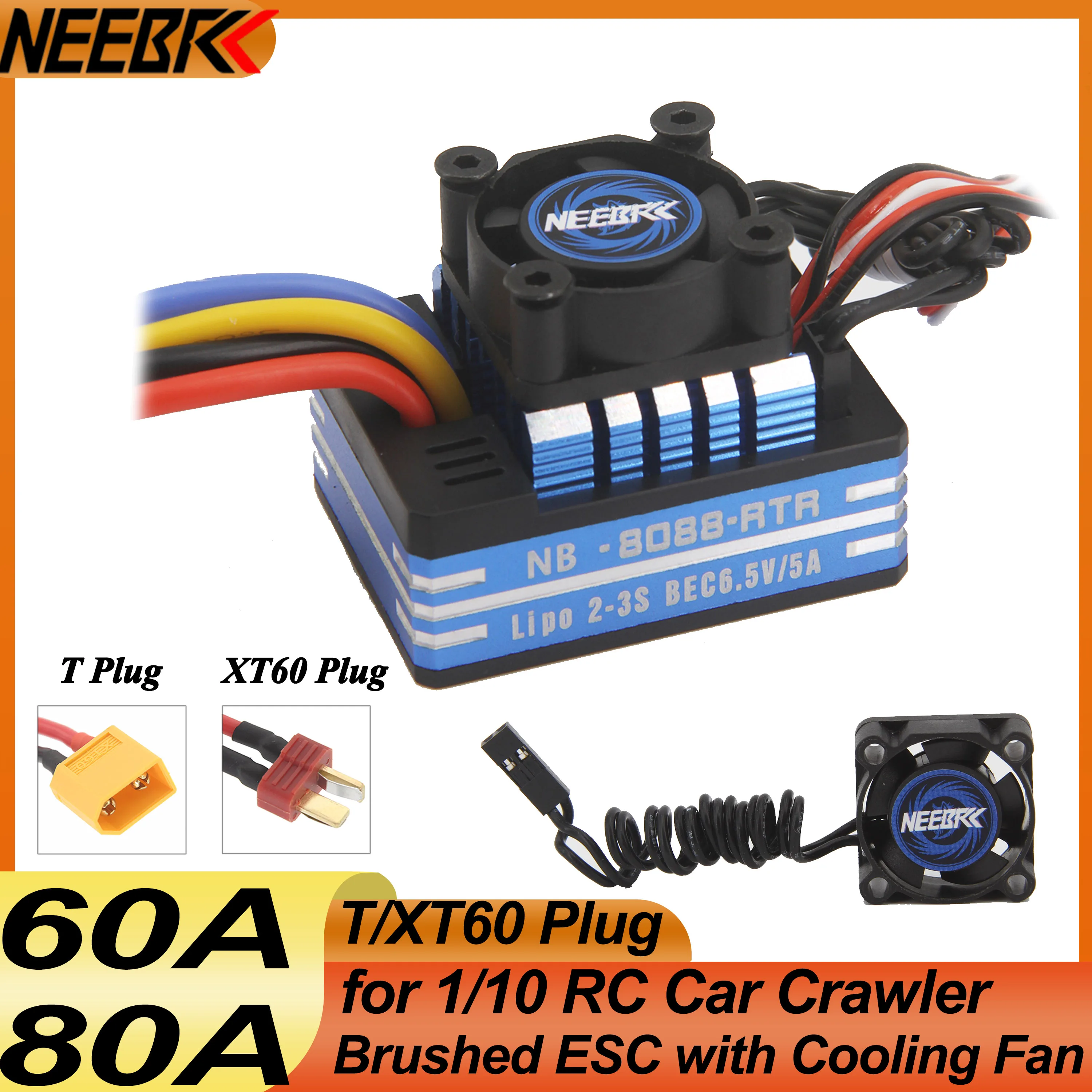 

NEEBRC 60A 80A Waterproof Metal Brushed 2-3S ESC Cooling Fan for 540 550 Motor 1/10 1/12 RC Car Crawler Monster Off-road On-road