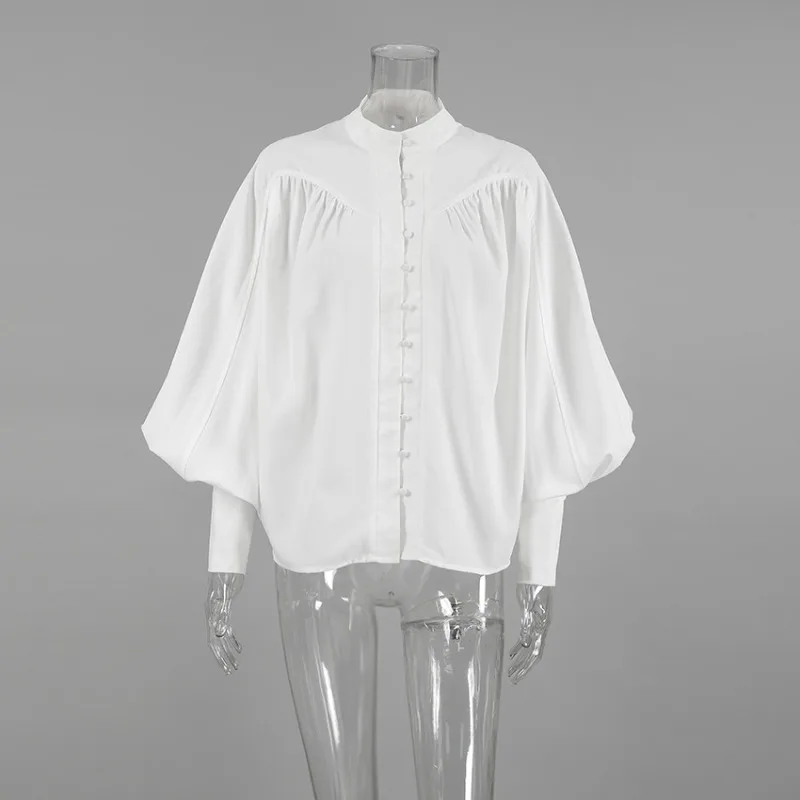Camicette bianche da donna Camicia elegante manica lunga a sbuffo a lanterna Colletto alla coreana Chic Vintage Office Ladies Autunno High Street Button y2k