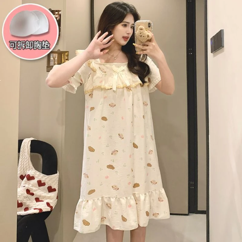 5XL Plus Size Nightgown with Chest Pad Korean Summer Short Sleeve Home Sleep Dress Princess Lace Ruffled Loose Nighties with Bow