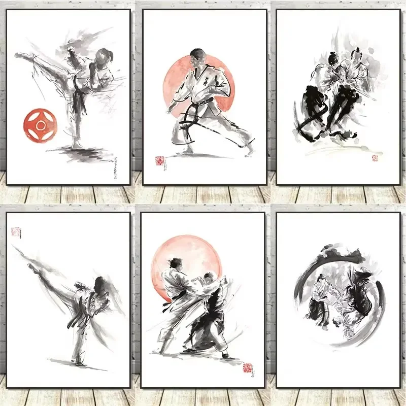 Japanese Black Shotokan Samurai Karate Art Ink Canvas Painting Minimalist Posters and Prints Wall Pictures for Living Room De