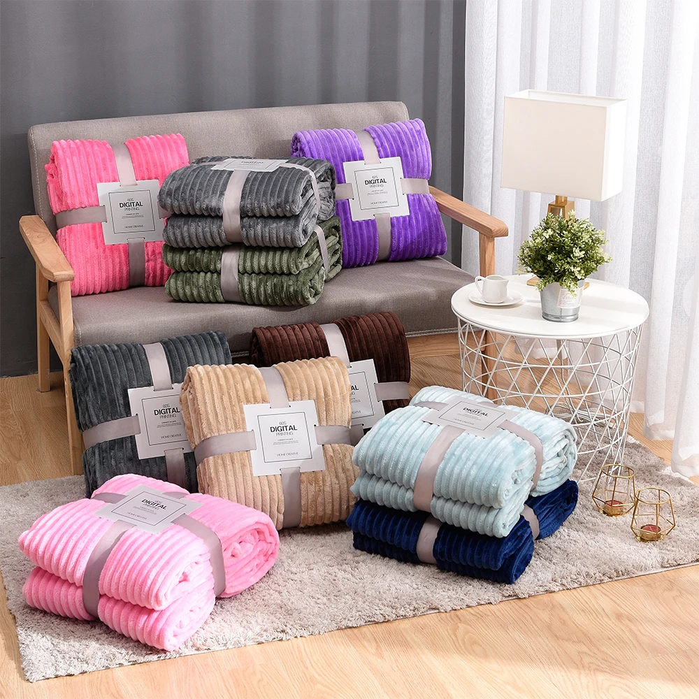 Soft Warm Striped Coral Fleece Flannel Blankets Solid Blue Pink Mink Throw Winter Bed Linens Sofa Cover Bedspread Bed Blankets