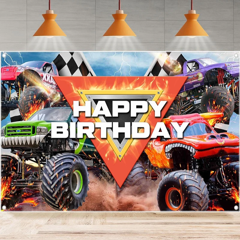 

Truck Themed Happy Birthday Photography Backdrop Monster Car Background Burning Flame Racing Kids Party Decoration Photo Banner