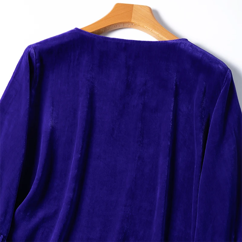 Women Silk Velvet Blouse 100% Mulberry Silk Lining Royal Blue Shirt Top Pullover Loose Type Lantern Sleeve Office Lady M1222