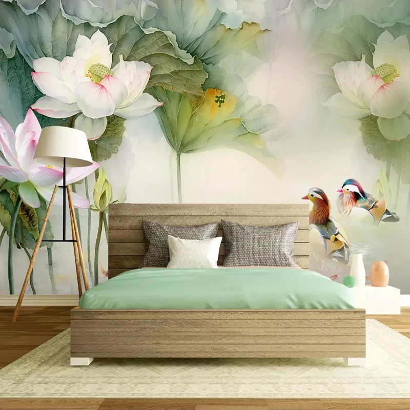 

Custom Waterproof Canvas 3D Wall Mural Wallpaper Flower Duck Lotus Chinese Style Oil Painting Bedroom Living Room TV Background