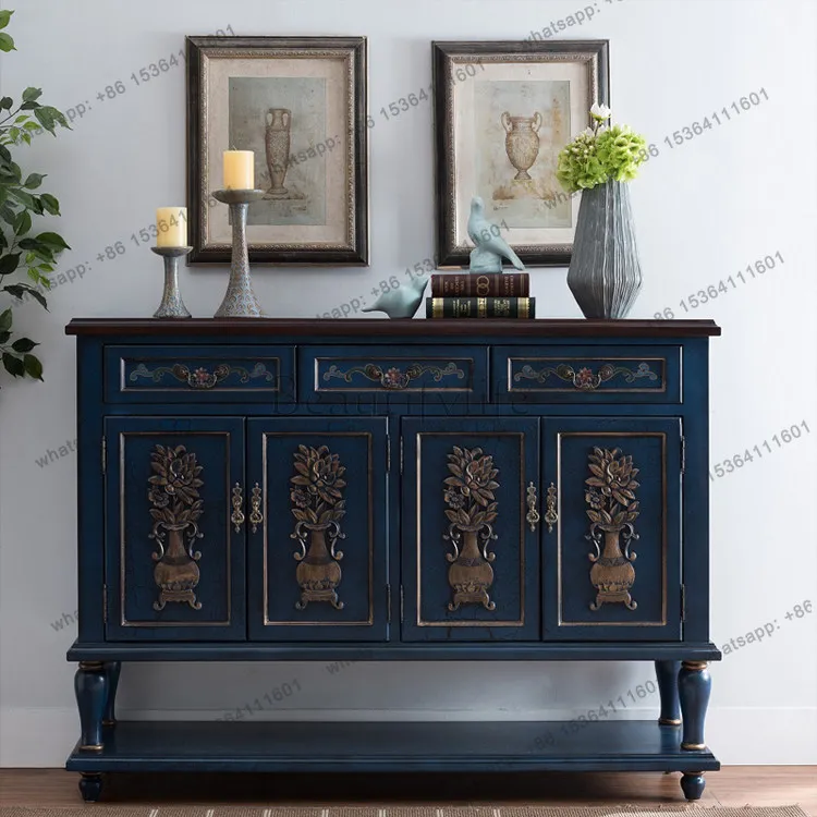 Zj. American foyer entrance shoe cabinet relief solid wood partition locker blue entrance table