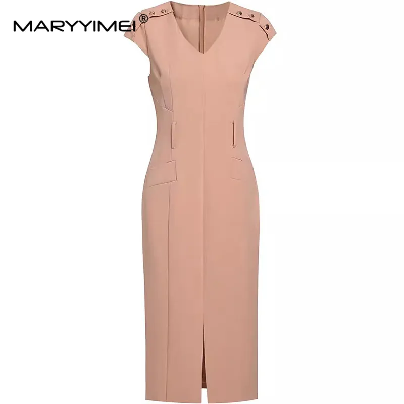 

MARYYIMEI Fashion Designer Summer Woman's V-Neck Garment Sleeve Sashes Dress High Street Rose Red+Khaki Temperament Dresses