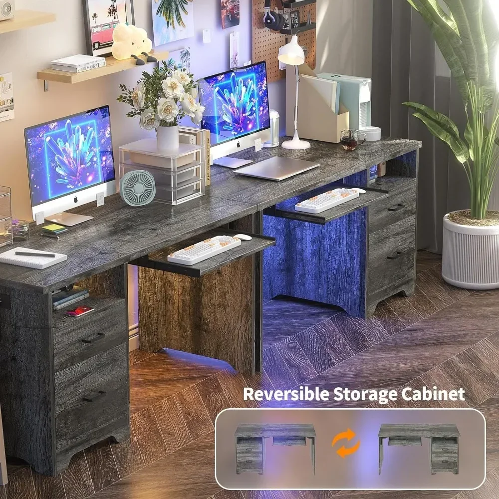 Reversible Office Desk With File Cabinet 55 Inch Computer Desk With Smart LED Light and Power Outlet Reading Freight free