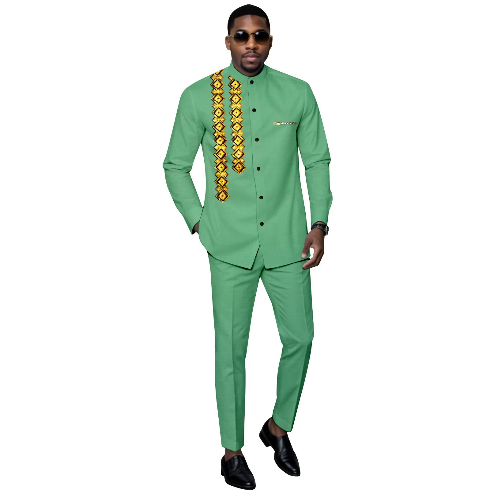 Sale Fashion New Men's Traditional African Clothing with Gold Embroidery and Printed Design - Shirt and Pants Set