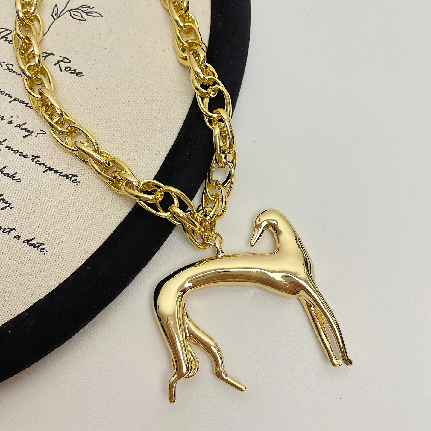 Vintage Greyhound Dog Pendant Necklace Chunky Chain Sculptural Animal Statement Necklace Women Luxury Jewelry