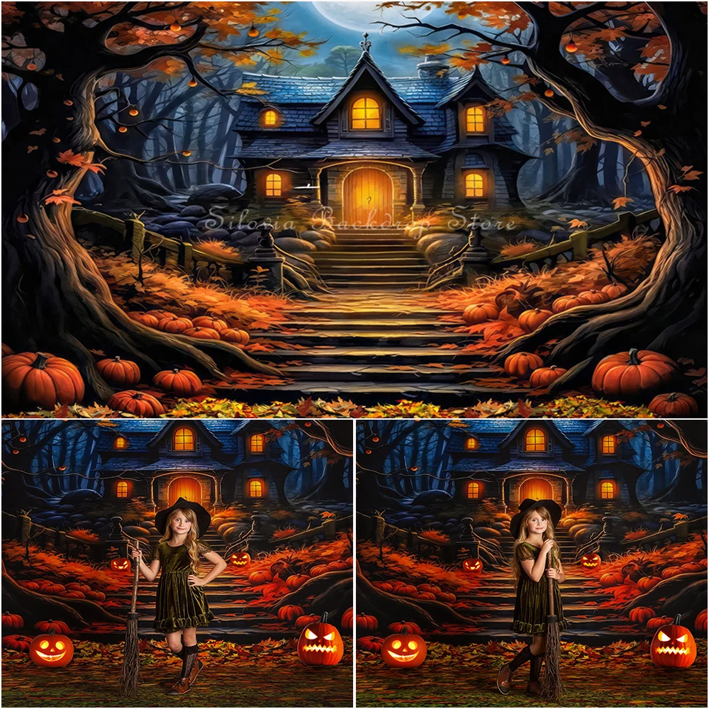 Halloween Haunted Cottage Photo Background Cake Smash Photography Backdrop Castle Pumpkin Kids Portrait Photo Studio