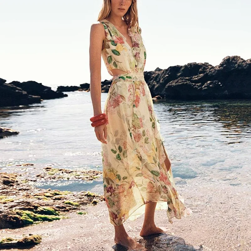 Summer 2025 Women's Floral Print Dr Open Design Polyester Fiber Single Piece Z Brand New Sle 499 Cabinet