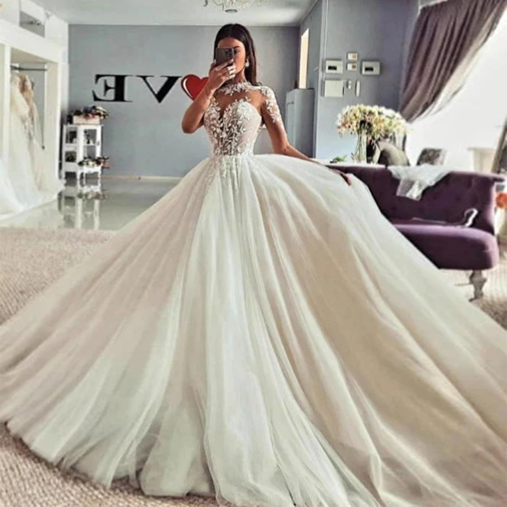 

Pretty Luxurious White Elegant Lace A-Line Mopping Fluffy Princess Style Wedding Dresses High Neck Long Sleeves Wedding Gown