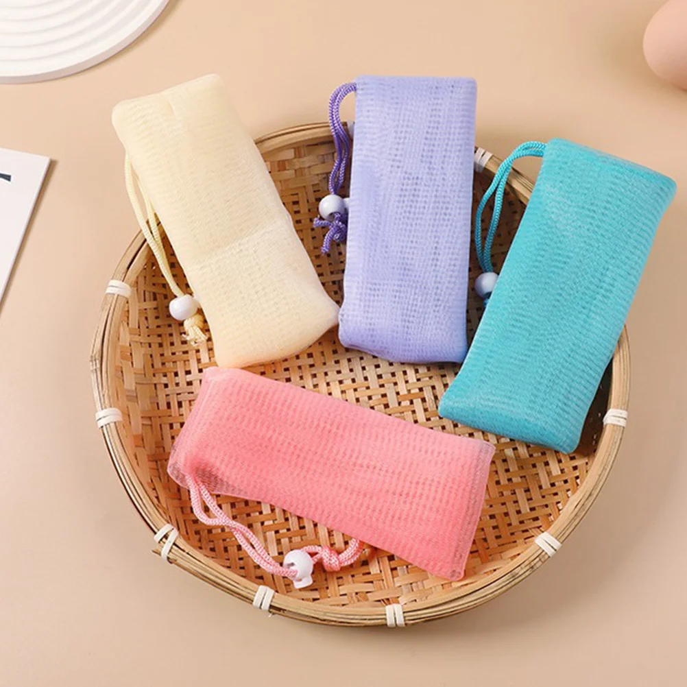 

4pcs Foaming Net Pouch Mesh Exfoliating Bag Drawstring For Bar Shower Travel Portable Use Household Bathing Essential, Foaming