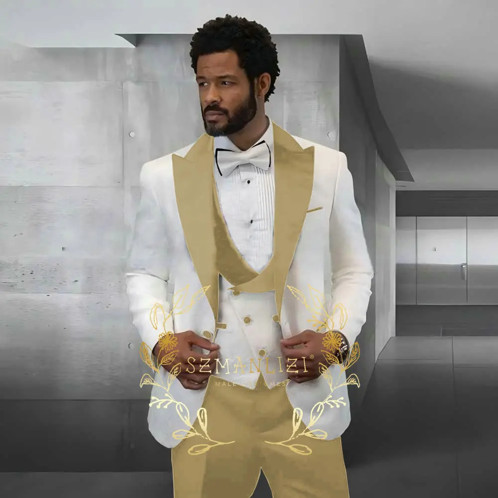 

White Jacquard Suits For Men Slim Fit 3 Piece Jacket Vest Pants Set For Groom Wedding Prom Tuxedo Formal Banquet Blazer