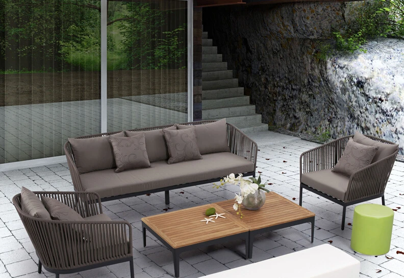 Tkane rattanowe sofa na zewnątrz, ogrodowa, tkane krzesło na dziedzińcu, stolik kawowy, meble wodoodporne i przeciwsłoneczne