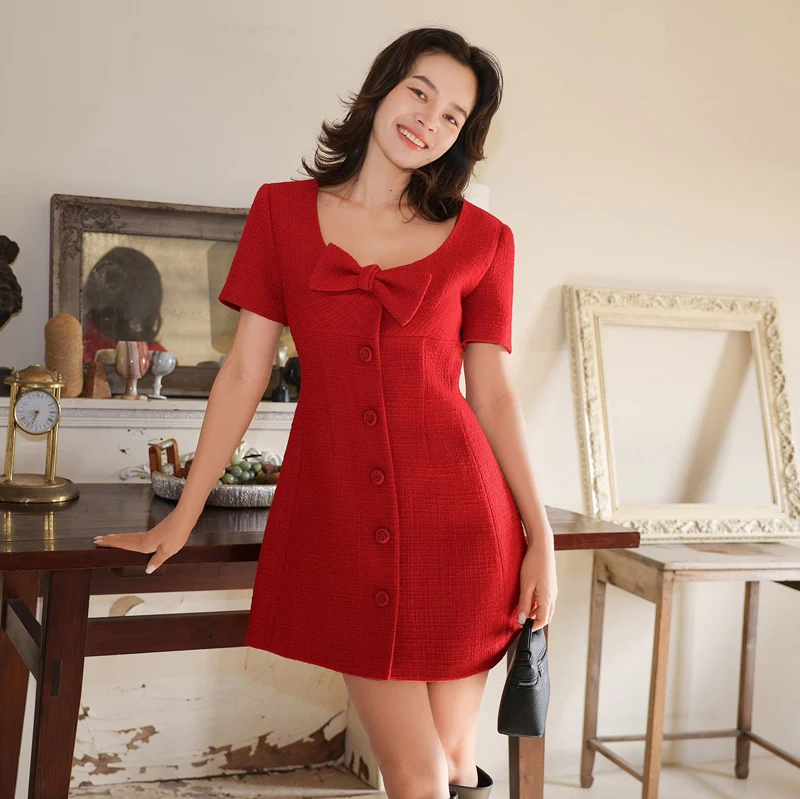 

Retro Woolen Tweed Dr Autumn Winter Early Spring Red Ele Knot A-Line Skirt ort Sve Ladies Dr