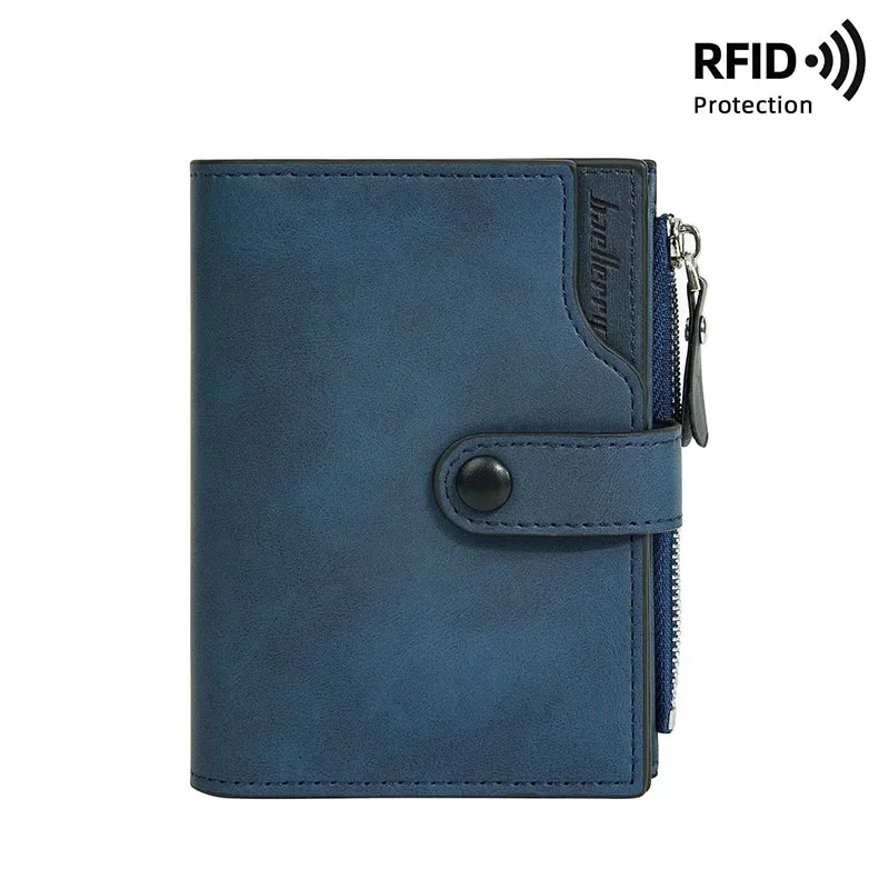 Cartera RFID de lujo de alta calidad para hombre, billeteras cortas de cuero PU para hombre, monedero con cerrojo y cremallera a la moda triple