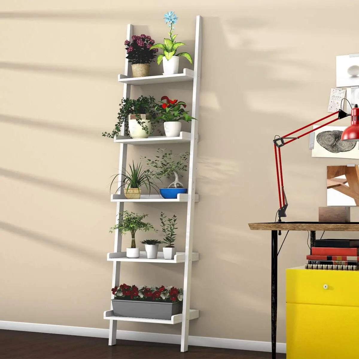 Scaffale moderno con scala in legno a 5 livelli, scaffale per esposizione di libri con piante bianche per l'home office