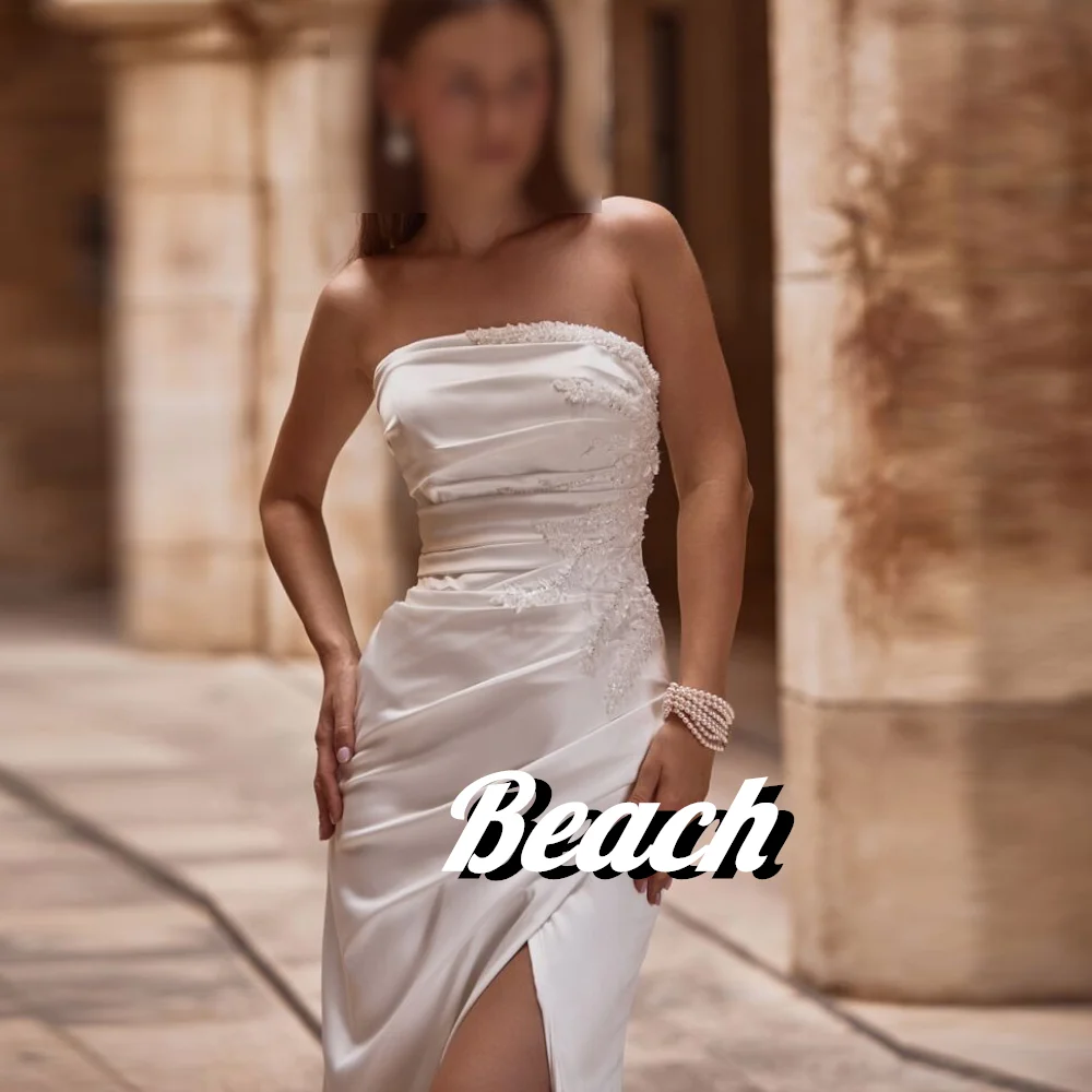 Beach Boat Neck Side Silt Fairy Sweep Train Floor Length Satin Straight Pleats Elegant Party Evening Dresses Woman High Quality