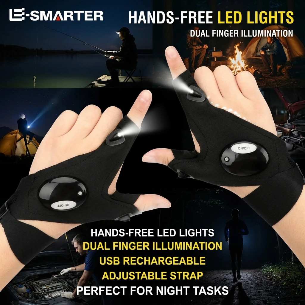 Luvas de LED com Lanterna para Pesca, Ciclismo, Camping, Caminhada e Resgate - Impermeáveis e Sem Dedos