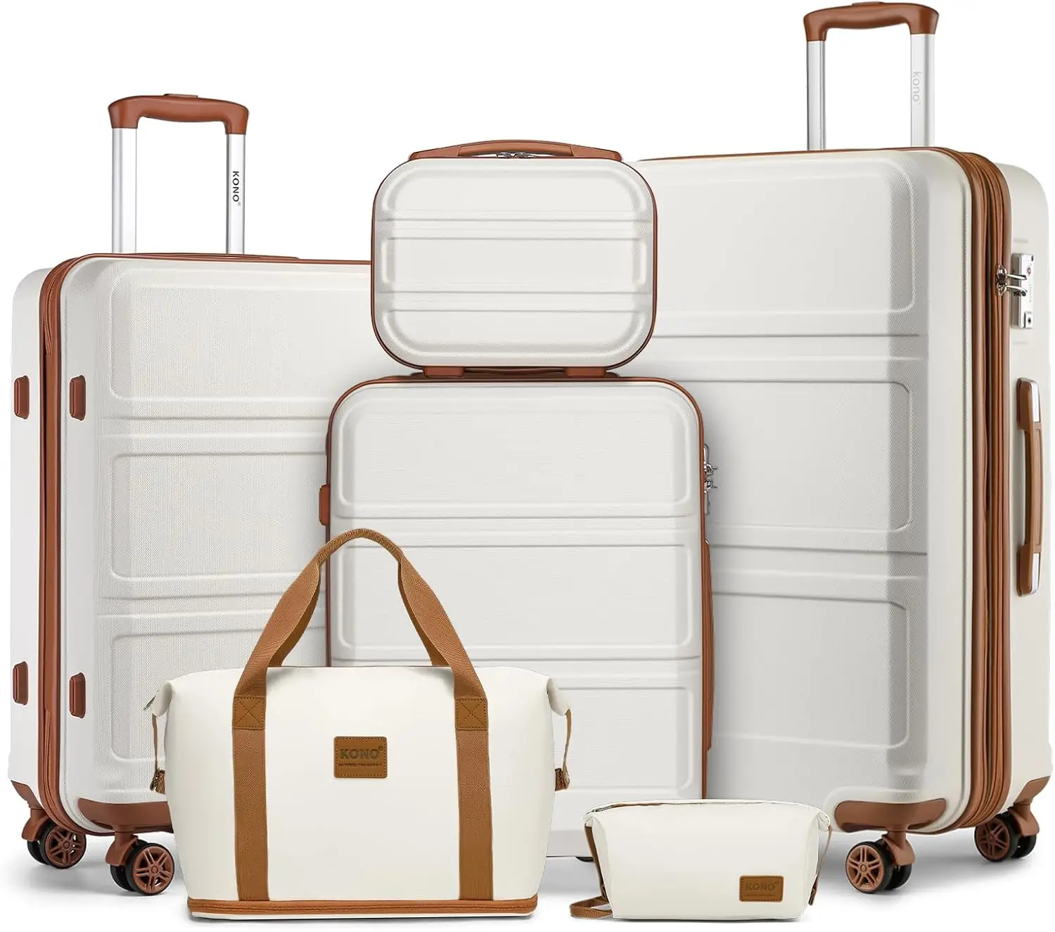 Kono Valise Set Bagage rigide à main avec roulettes TSA Lock Spinner (blanc crème, ensemble de 6 pièces)