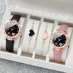 4PCS/Set Women's Watches Fashion Heart Dial Leather Band Analog Quartz Watch Bracelets Set（Without Box）